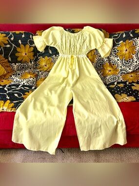 Vintage 70s Girls Yellow One Piece Smocked Palazzo Pajama Jumpsuit Handmade